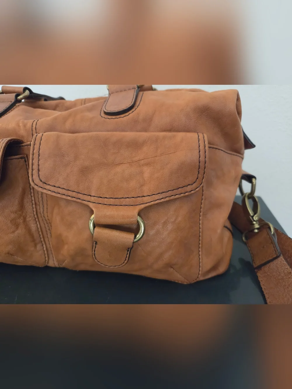 Vintage Y2K Halogen Cognac Leather Utility Pocket Satchel Crossbody Bag
